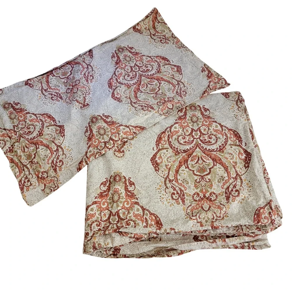 Pottery Barn King Duvet Cover 1 Sham Set Terracotta Red Damask Medallion‎ Cotton